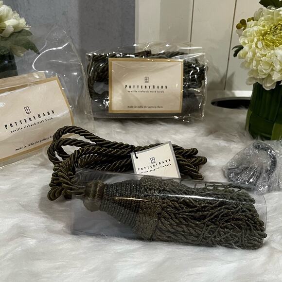 NEW Pottery Barn Seville Set 2 Tassel Drapery Tie Back + Hook Lichen Green NWT - Picture 3 of 15